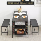 Ensemble table et chaises de salle à manger CuisinSmart pour 4 personnes, table de cuisine avec 2 bancs, ensemble de salle à manger avec porte-bouteilles, marron, noir, gris