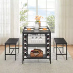 Ensemble table et chaises de salle à manger CuisinSmart pour 4 personnes, table de cuisine avec 2 bancs, ensemble de salle à manger avec porte-bouteilles, marron, noir, gris