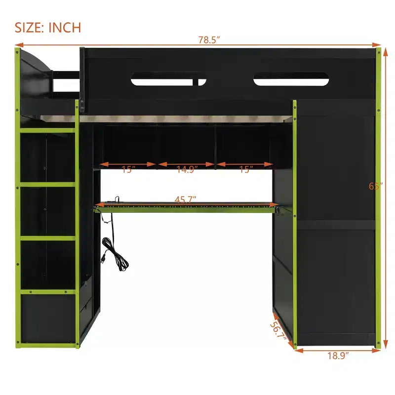 Lit mezzanine double Merax avec bureau, armoire, lumières LED RVB et port de chargement USB - Cadre noir élégant avec de multiples espaces de rangement pour les amateurs de jeux