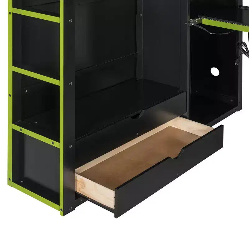 Lit mezzanine double Merax avec bureau, armoire, lumières LED RVB et port de chargement USB - Cadre noir élégant avec de multiples espaces de rangement pour les amateurs de jeux