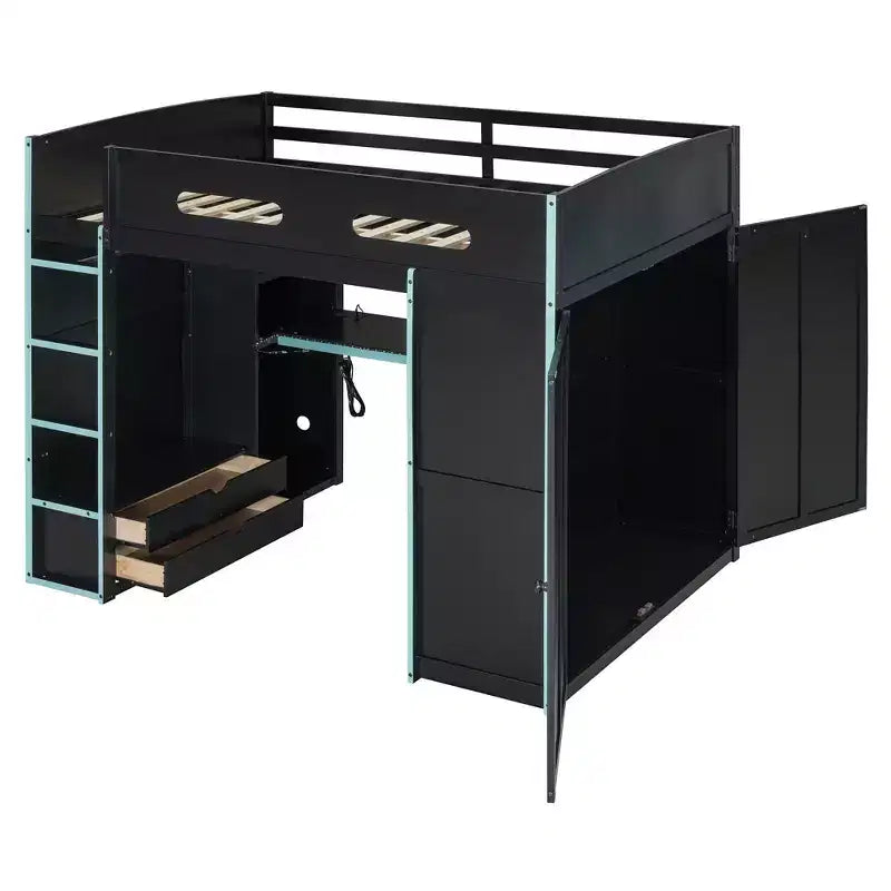 Lit mezzanine double Merax avec bureau, armoire, lumières LED RVB et port de chargement USB - Cadre noir élégant avec de multiples espaces de rangement pour les amateurs de jeux