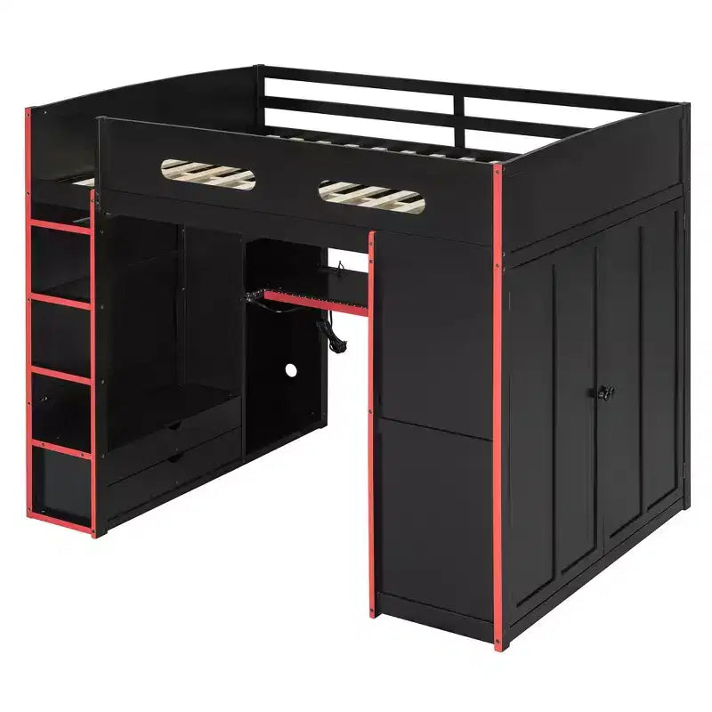 Lit mezzanine double Merax avec bureau, armoire, lumières LED RVB et port de chargement USB - Cadre noir élégant avec de multiples espaces de rangement pour les amateurs de jeux