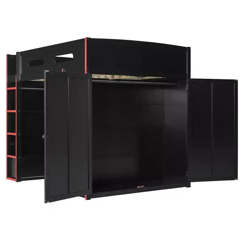 Lit mezzanine double Merax avec bureau, armoire, lumières LED RVB et port de chargement USB - Cadre noir élégant avec de multiples espaces de rangement pour les amateurs de jeux