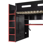 Lit mezzanine double Merax avec bureau, armoire, lumières LED RVB et port de chargement USB - Cadre noir élégant avec de multiples espaces de rangement pour les amateurs de jeux