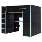 Lit mezzanine double Merax avec bureau, armoire, lumières LED RVB et port de chargement USB - Cadre noir élégant avec de multiples espaces de rangement pour les amateurs de jeux