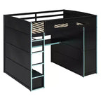 Lit mezzanine double Merax avec bureau, armoire, lumières LED RVB et port de chargement USB - Cadre noir élégant avec de multiples espaces de rangement pour les amateurs de jeux