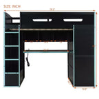 Lit mezzanine double Merax avec bureau, armoire, lumières LED RVB et port de chargement USB - Cadre noir élégant avec de multiples espaces de rangement pour les amateurs de jeux