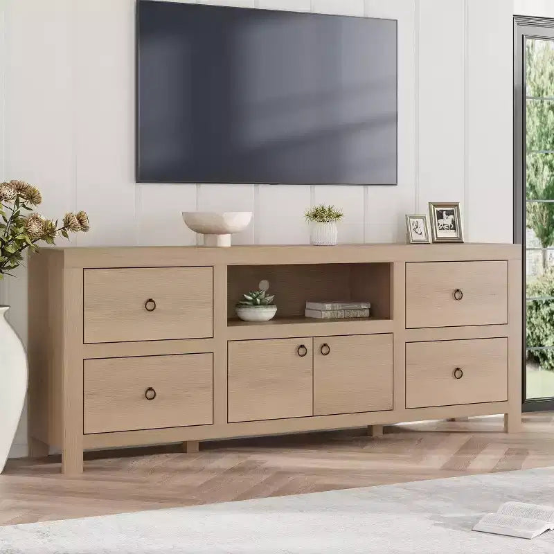 Meuble TV de ferme GustoWave pour téléviseurs de 75/80 pouces, meuble de rangement long de 70 pouces avec 6 tiroirs de rangement et étagère pour barre de son
