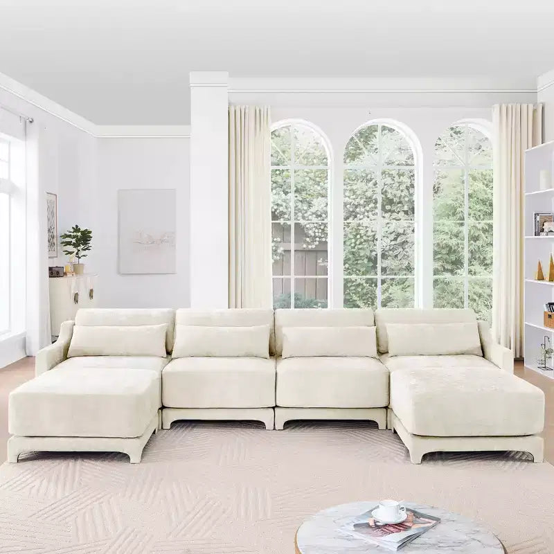 Canapé 4 places en tissu chenille beige avec 1 pouf mobile et coussin lombaire, cadre en bois massif, éponge haute résilience