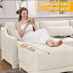 Canapé 4 places en tissu chenille beige avec 1 pouf mobile et coussin lombaire, cadre en bois massif, éponge haute résilience