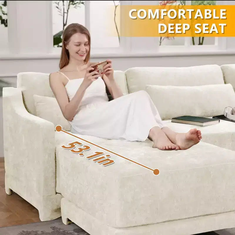 Canapé 4 places en tissu chenille beige avec 1 pouf mobile et coussin lombaire, cadre en bois massif, éponge haute résilience