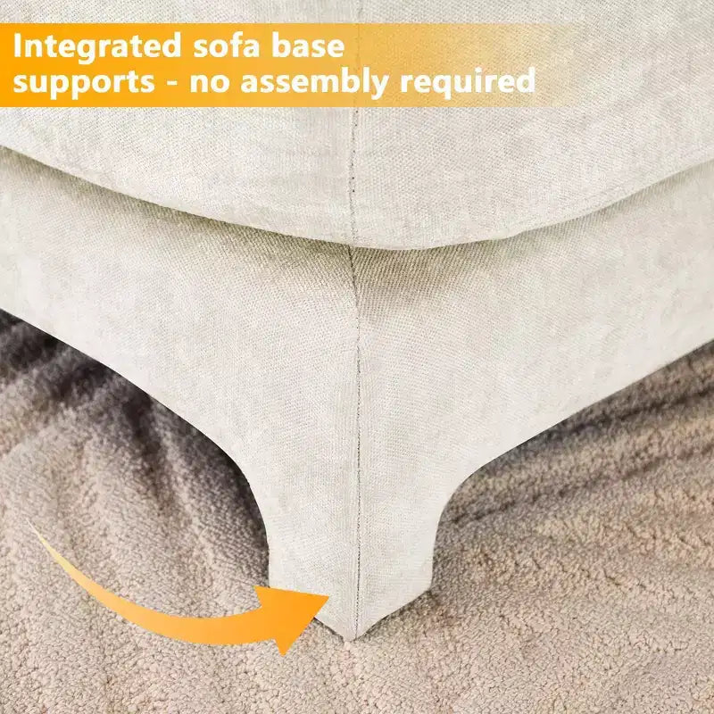 Canapé 4 places en tissu chenille beige avec 1 pouf mobile et coussin lombaire, cadre en bois massif, éponge haute résilience