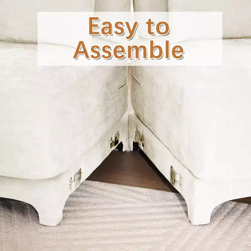 Canapé 4 places en tissu chenille beige avec 1 pouf mobile et coussin lombaire, cadre en bois massif, éponge haute résilience