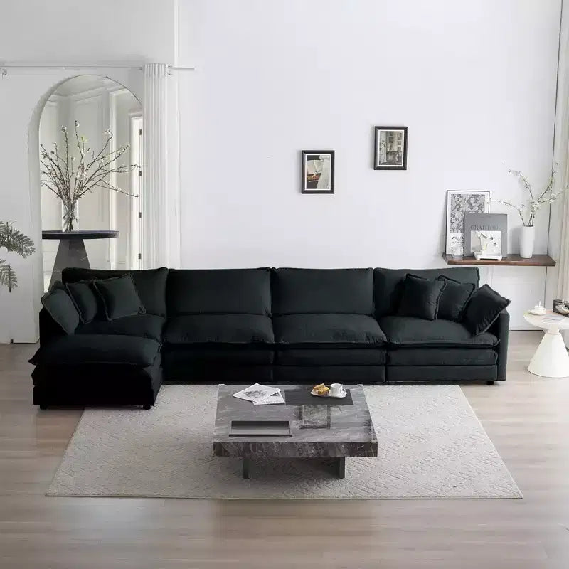 Canapé modulable en forme de U pour salon, canapé sectionnel convertible 5 places avec 1 pouf en chenille beige
