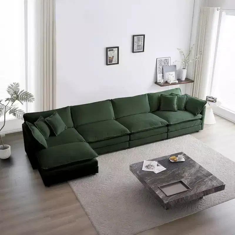 Canapé modulable en forme de U pour salon, canapé sectionnel convertible 5 places avec 1 pouf en chenille beige