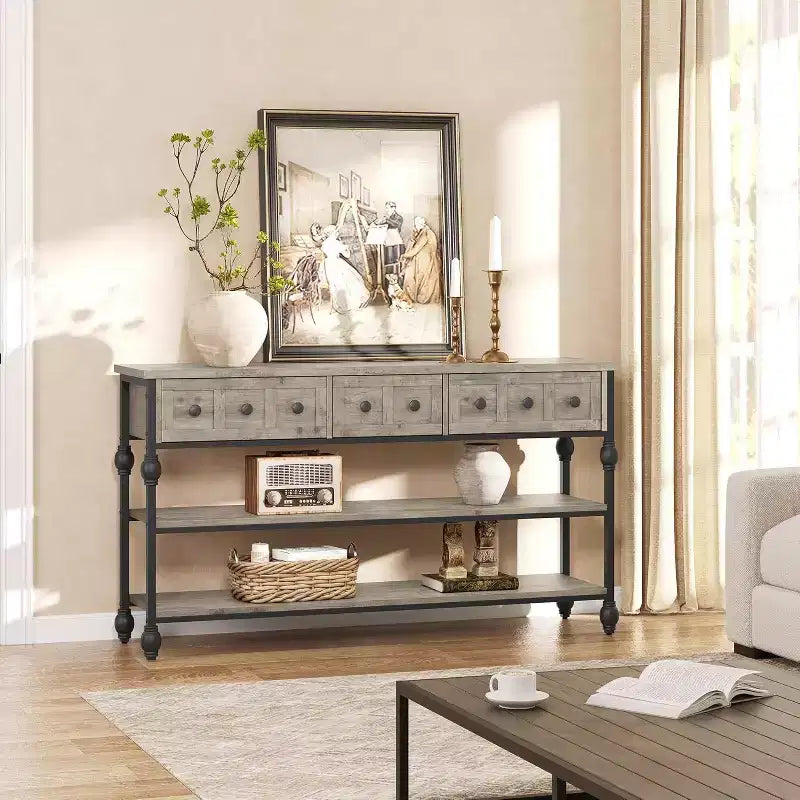 Console table,entrance table with 3 drawers,3-layer metal sofa table,open shelf behind corridor sofa table