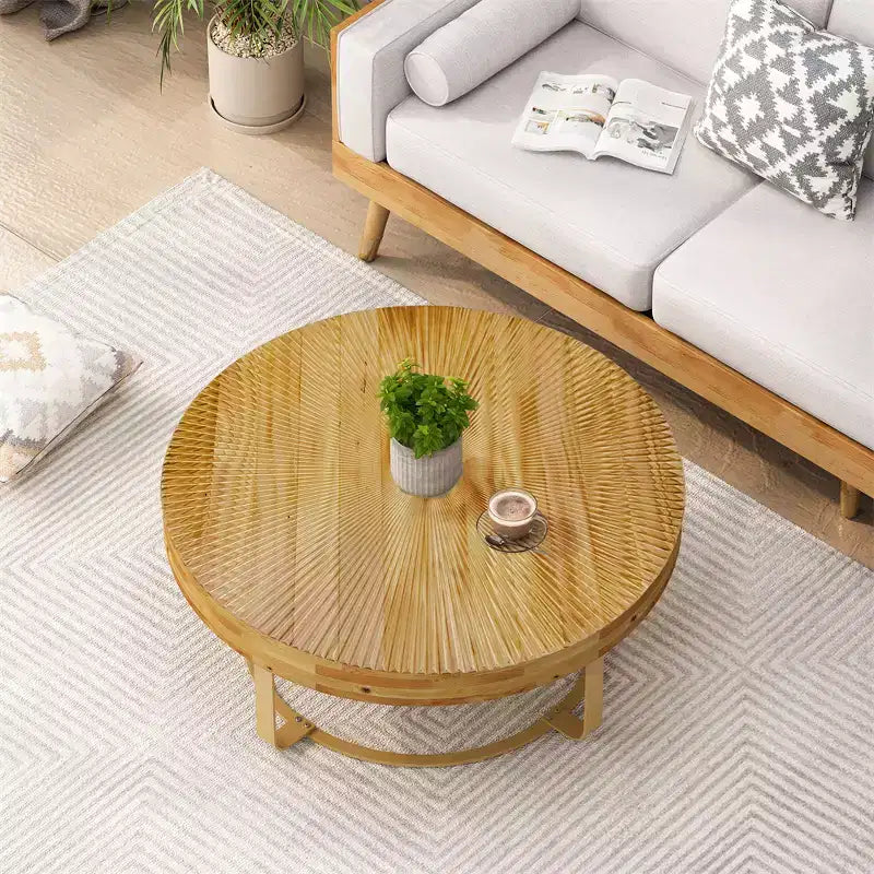 Table basse ronde, table d'appoint moderne en bois, table basse motif de sculpture style ferme avec pieds en métal pour salon, bureau, appartement