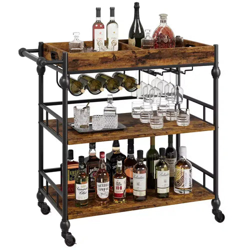 Acekool Chariot de Bar pour la Maison, Chariot Roulant à 3 Niveaux avec Plateau Amovible, Cadre en Métal Gris Marron, Étagères de Rangement pour Cuisine Salle à Manger