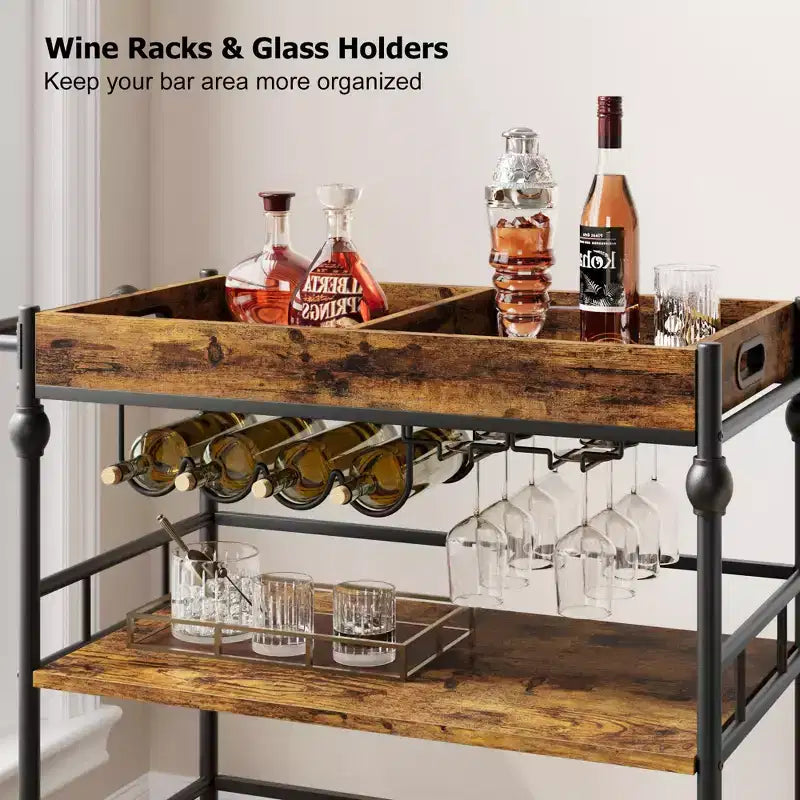 Acekool Chariot de Bar pour la Maison, Chariot Roulant à 3 Niveaux avec Plateau Amovible, Cadre en Métal Gris Marron, Étagères de Rangement pour Cuisine Salle à Manger