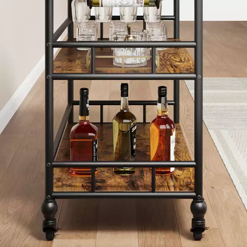 Acekool Chariot de Bar pour la Maison, Chariot Roulant à 3 Niveaux avec Plateau Amovible, Cadre en Métal Gris Marron, Étagères de Rangement pour Cuisine Salle à Manger