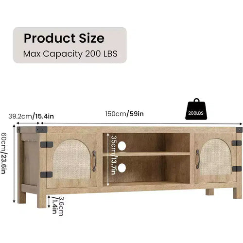 Meuble TV bohème de 65 pouces avec porte en rotin - Meuble de divertissement en bois avec deux armoires et étagères réglables, adapté aux salons