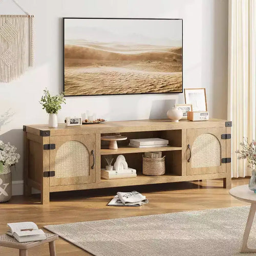 65-inch Bohemian-style TV stand with wicker door - Wooden entertainment center with two cabinets and adjustable shelves, suitable for living rooms