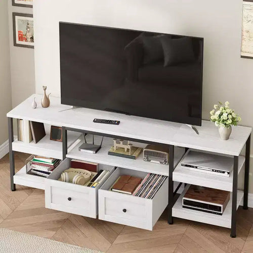 71 Rustic TV Stand with Storage - Holds TVs Up to 75, 2 Drawers & Open Shelves, Industrial Metal Frame Entertainment Center