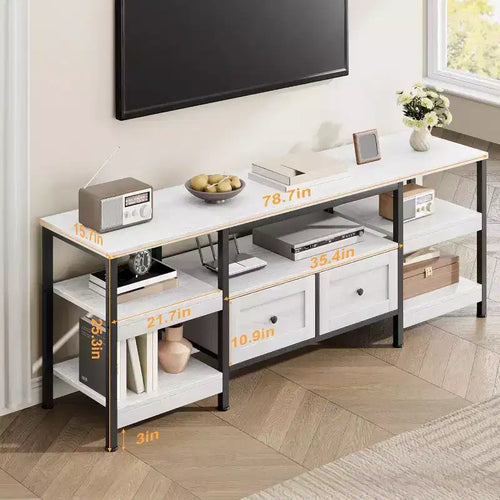 Meuble TV rustique de 180 cm avec rangement - Pour téléviseurs jusqu'à 75 pouces, 2 tiroirs et étagères ouvertes, meuble TV de style industriel avec cadre en métal
