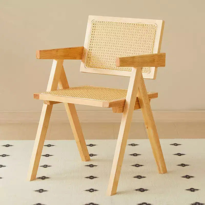 Okak Solid Wood Dining Chairs Set of 2, Dining Room Chairs with Rattan Back & Armrest, Simple Kitchen Side Chairs for Table Living Room