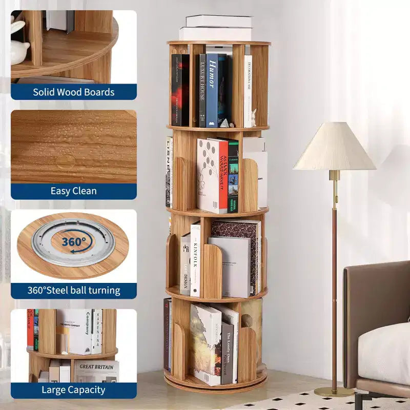 Étagère à Livres Rotative Zstar à 4 Niveaux, Bibliothèque d'Angle Compacte pour Petits Espaces, Organisateur de Rangement en Bois Rotatif à 360° pour Chambre à Coucher, Salon