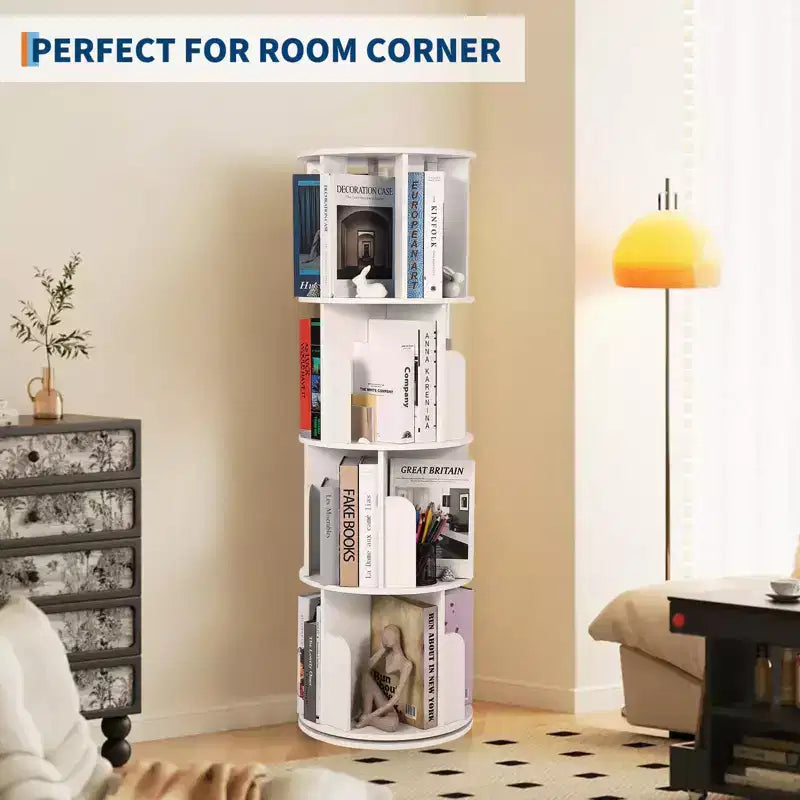 Étagère à Livres Rotative Zstar à 4 Niveaux, Bibliothèque d'Angle Compacte pour Petits Espaces, Organisateur de Rangement en Bois Rotatif à 360° pour Chambre à Coucher, Salon