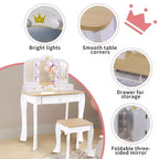 Freniland - Coiffeuse Princesse pour Enfants avec Miroir Lumineux et Tabouret, Table de Maquillage en Bois avec Tiroirs de Rangement
