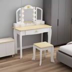 Freniland - Coiffeuse Princesse pour Enfants avec Miroir Lumineux et Tabouret, Table de Maquillage en Bois avec Tiroirs de Rangement