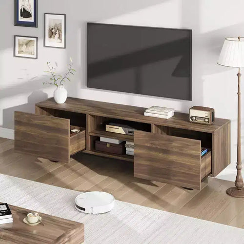 Meuble TV industriel de 75 pouces avec 2 tiroirs, console média en bois robuste pour salon et chambre à coucher