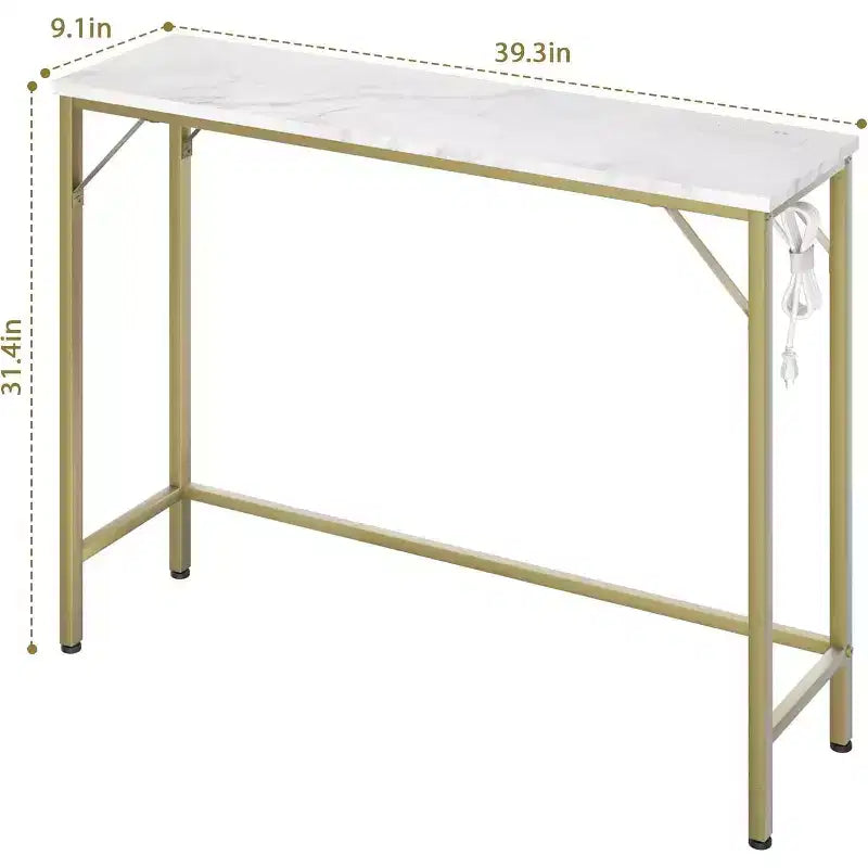 9.1 Console étroite avec prises, Table de canapé derrière le canapé pour salon, Table de couloir industrielle pour entrée, Foyer-Or