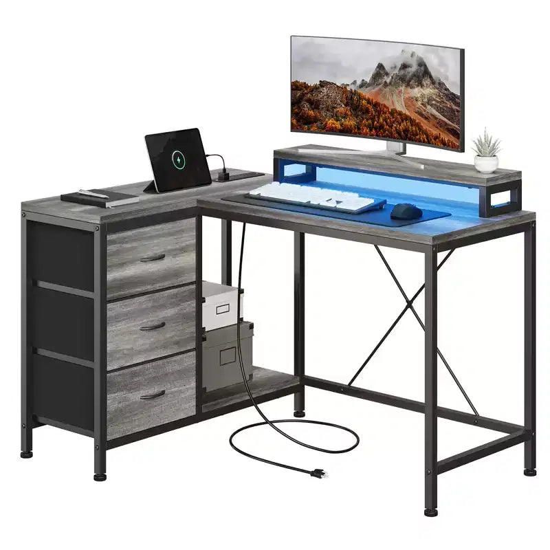 CuisinSmart Bureau d'angle en L de 43 pouces, bureau de gaming à 3 tiroirs avec étagères de rangement et support d'écran, bureau réversible pour la maison ou le bureau