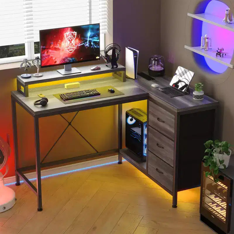 CuisinSmart Bureau d'angle en L de 43 pouces, bureau de gaming à 3 tiroirs avec étagères de rangement et support d'écran, bureau réversible pour la maison ou le bureau