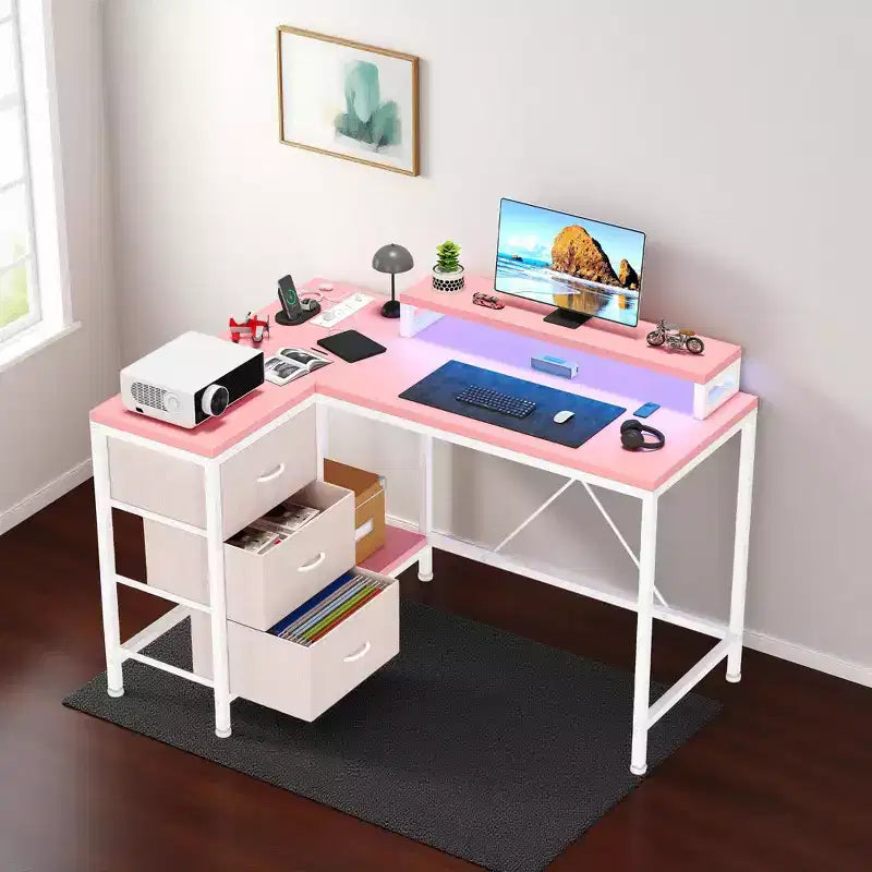 CuisinSmart Bureau d'angle en L de 43 pouces, bureau de gaming à 3 tiroirs avec étagères de rangement et support d'écran, bureau réversible pour la maison ou le bureau