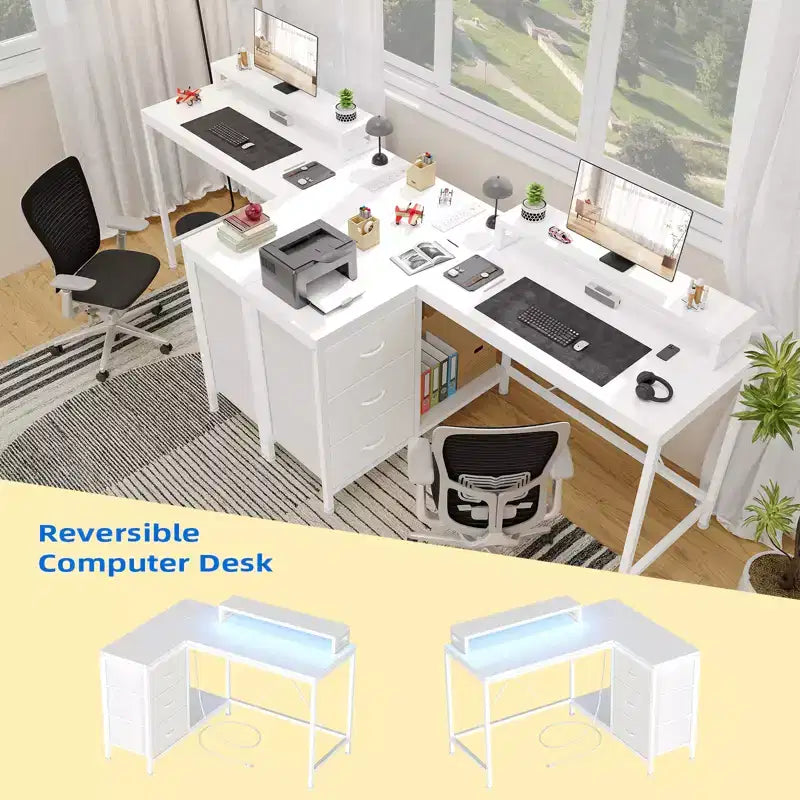 CuisinSmart Bureau d'angle en L de 43 pouces, bureau de gaming à 3 tiroirs avec étagères de rangement et support d'écran, bureau réversible pour la maison ou le bureau