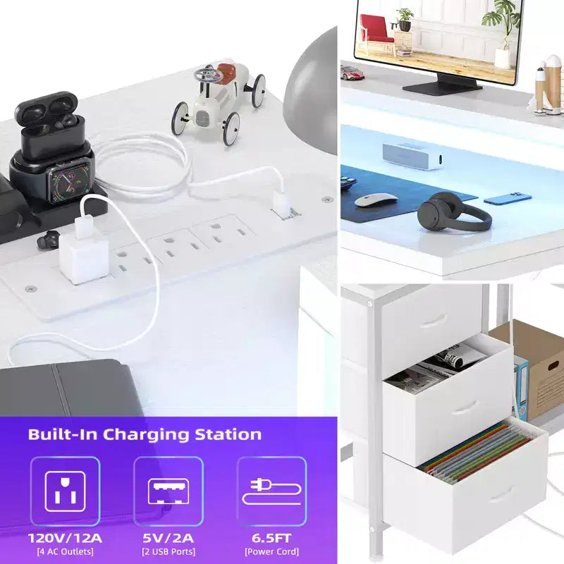 CuisinSmart Bureau d'angle en L de 43 pouces, bureau de gaming à 3 tiroirs avec étagères de rangement et support d'écran, bureau réversible pour la maison ou le bureau