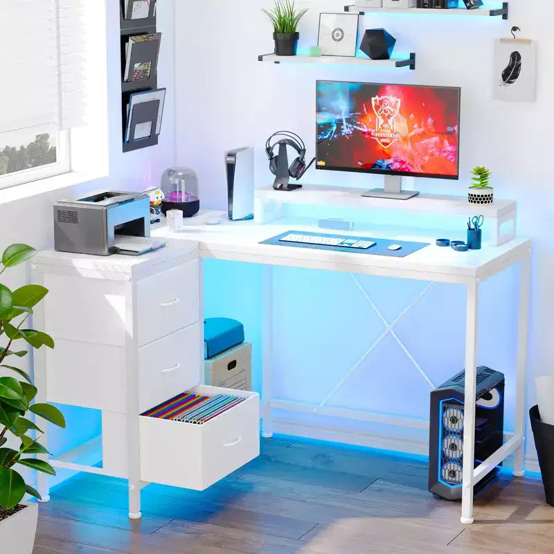 CuisinSmart Bureau d'angle en L de 43 pouces, bureau de gaming à 3 tiroirs avec étagères de rangement et support d'écran, bureau réversible pour la maison ou le bureau