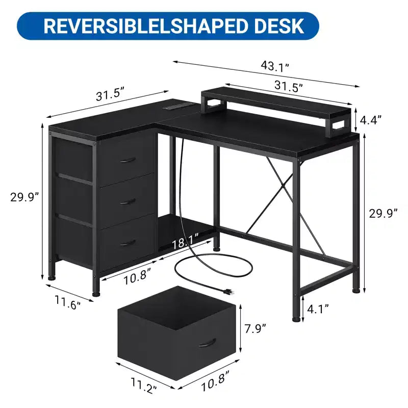 CuisinSmart Bureau d'angle en L de 43 pouces, bureau de gaming à 3 tiroirs avec étagères de rangement et support d'écran, bureau réversible pour la maison ou le bureau