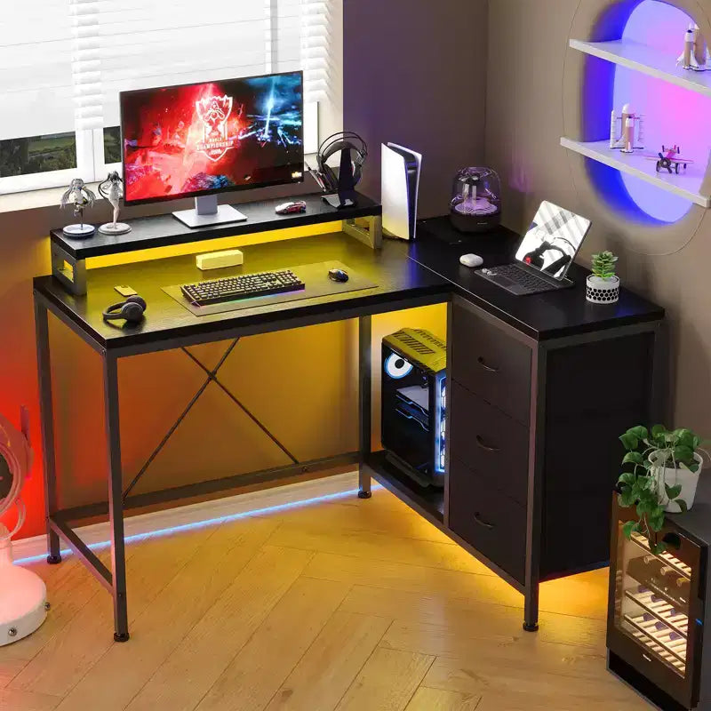 CuisinSmart Bureau d'angle en L de 43 pouces, bureau de gaming à 3 tiroirs avec étagères de rangement et support d'écran, bureau réversible pour la maison ou le bureau