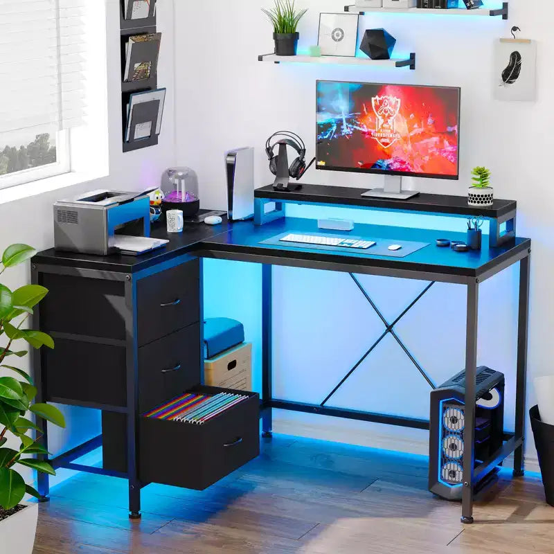 CuisinSmart Bureau d'angle en L de 43 pouces, bureau de gaming à 3 tiroirs avec étagères de rangement et support d'écran, bureau réversible pour la maison ou le bureau