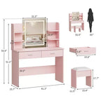 Coiffeuse avec Lumières - Table de Maquillage avec Miroir LED, 3 Couleurs d'Éclairage, 2 Tiroirs et 6 Étagères, Prise de Courant Intégrée et Ports USB pour Chambre à Coucher