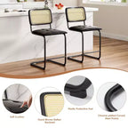 PexFix Lot de 2 tabourets de bar à hauteur de comptoir, en cuir PU rembourré, avec dossier en rotin, hauteur 61 cm, sans accoudoirs, pour îlot de cuisine, Noir