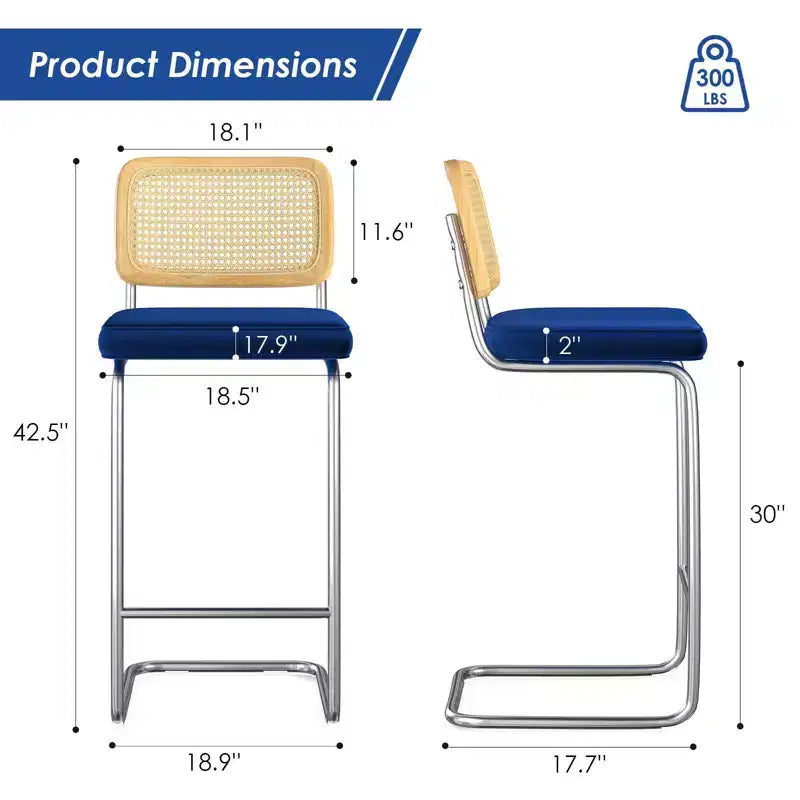 PexFix Lot de 2 tabourets de bar à hauteur de comptoir, tabourets de bar en velours rembourrés avec dossier en rotin, tabourets de 30 po de hauteur, chaises de bar sans accoudoirs pour îlot de cuisine, bleus