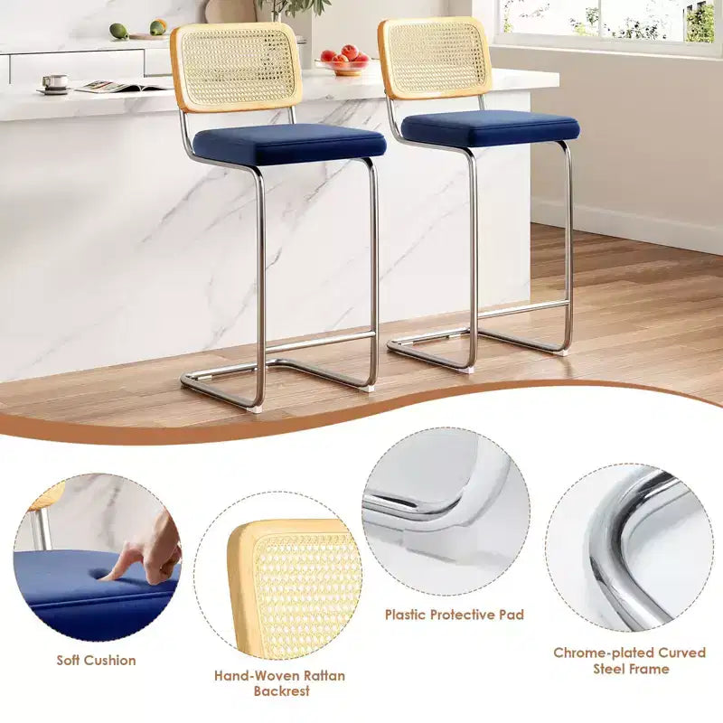 PexFix Lot de 2 tabourets de bar à hauteur de comptoir, tabourets de bar en velours rembourrés avec dossier en rotin, tabourets de 30 po de hauteur, chaises de bar sans accoudoirs pour îlot de cuisine, bleus