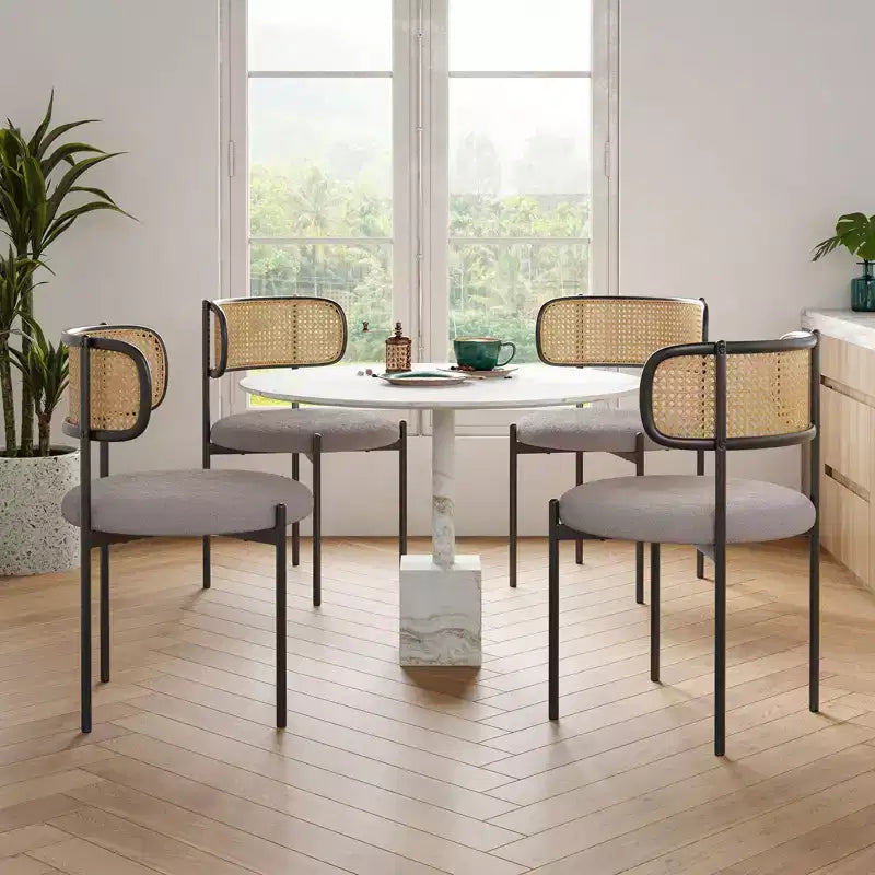 PexFix Lot de 4 chaises de salle à manger modernes rembourrées avec dossier en rotin, chaises d'appoint de cuisine avec pieds en métal, gris clair