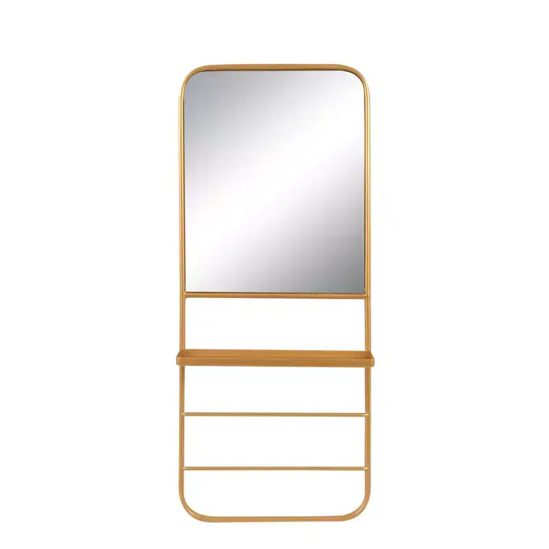 Storied Home Metal Framed Wall Mirror with Shelf and 2 Rods, Gold